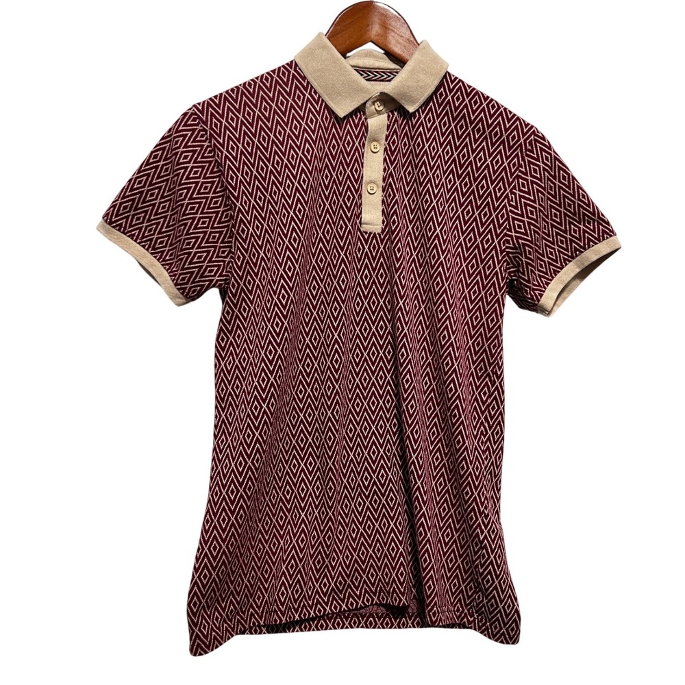 Craft+Flow Men Retro Mod Polo Shirt S Rust Geometric Jacquard Knit Resort Preppy